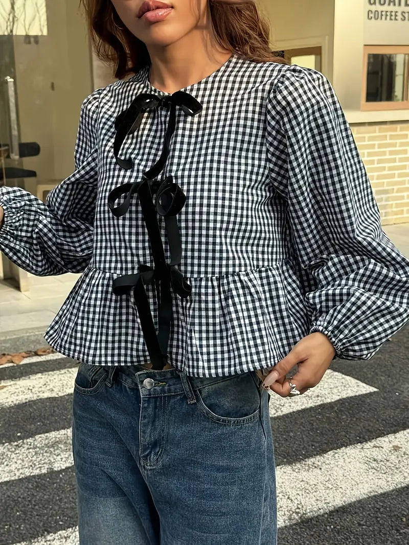 Liora - Vintage Checkered Long Sleeve Blouse
