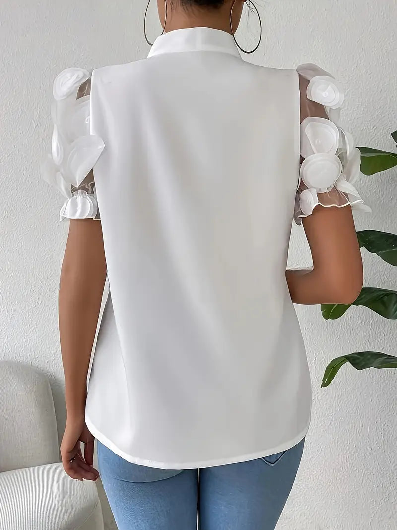 Iscaria – Elegant Bow Tie and Mesh Sleeves Blouse