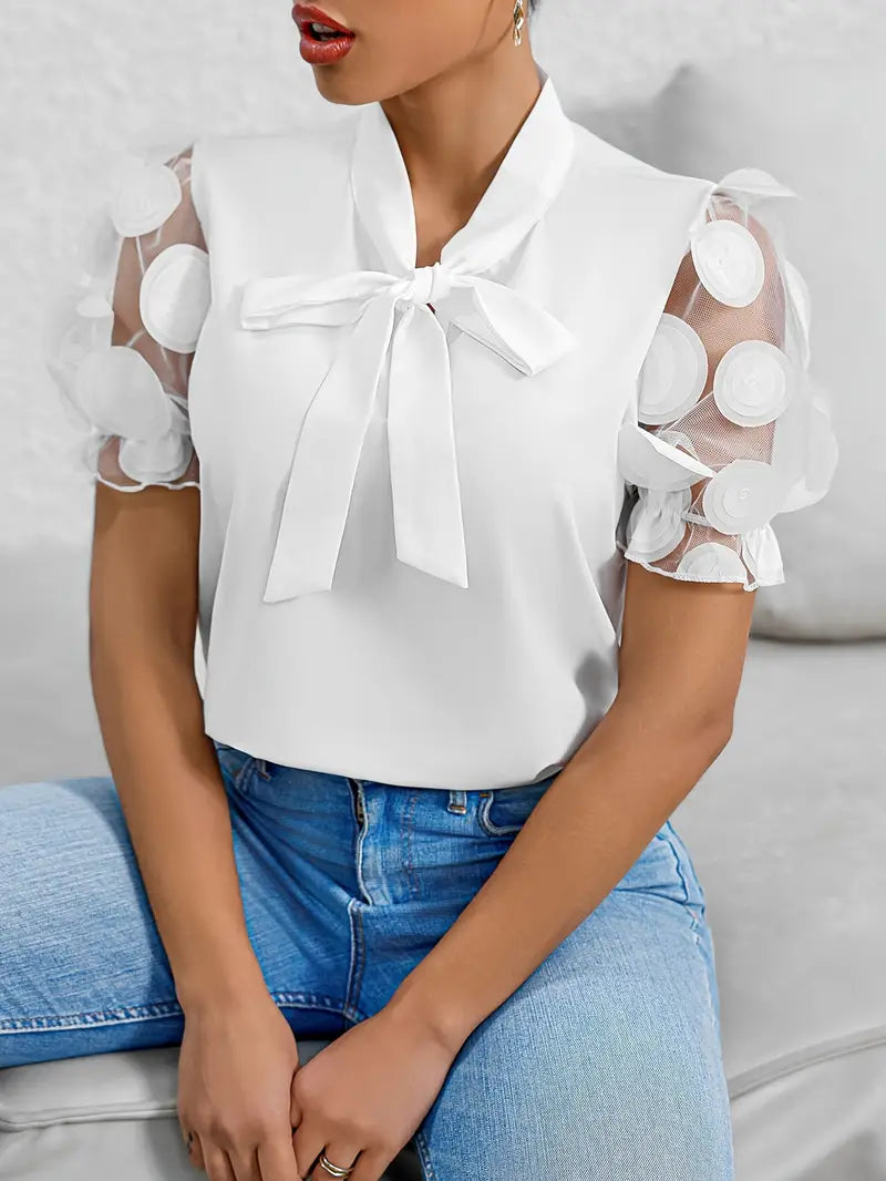 Iscaria – Elegant Bow Tie and Mesh Sleeves Blouse