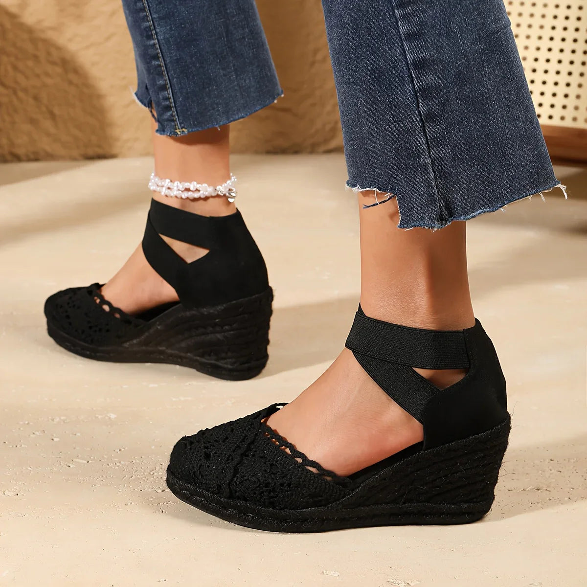 Nessa – Elegant Crochet Lace Wedge Sandals