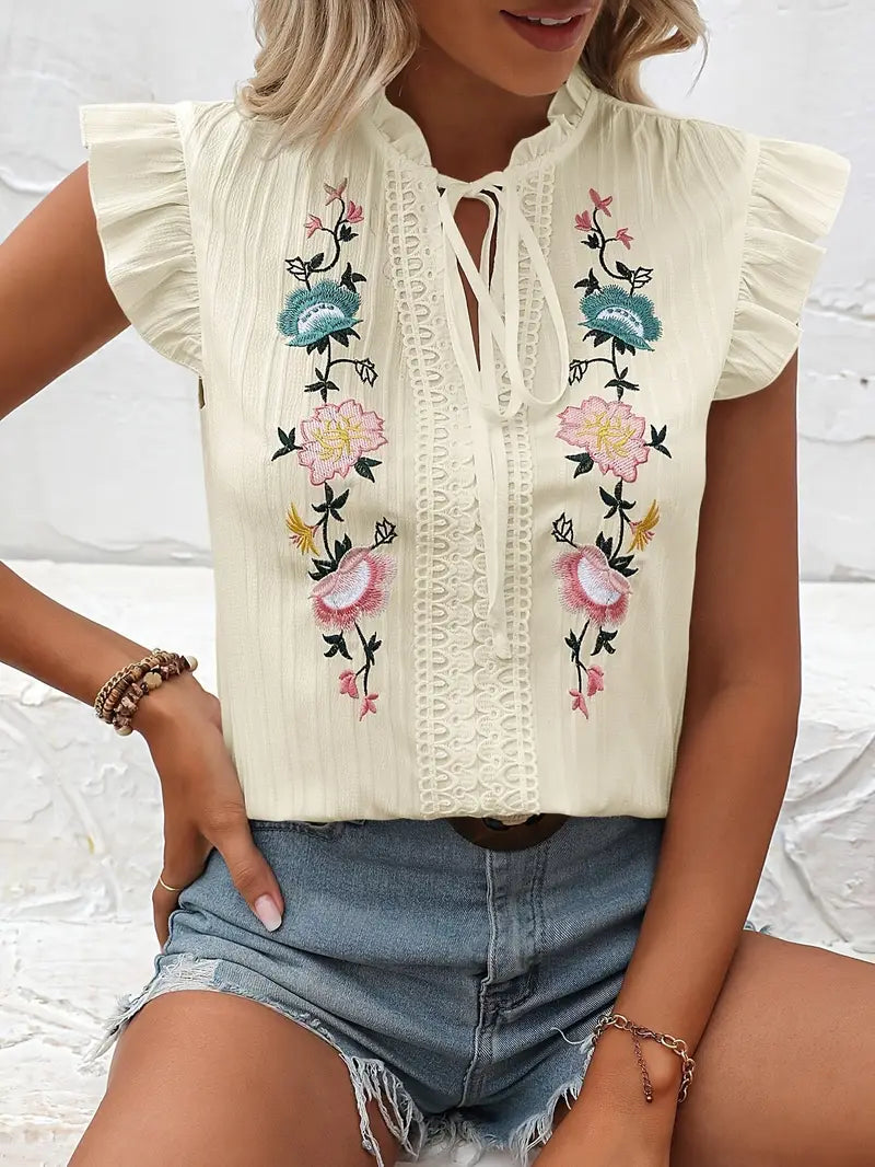 Elysia - Vintage Embroidered Ruffle Sleeves Blouse
