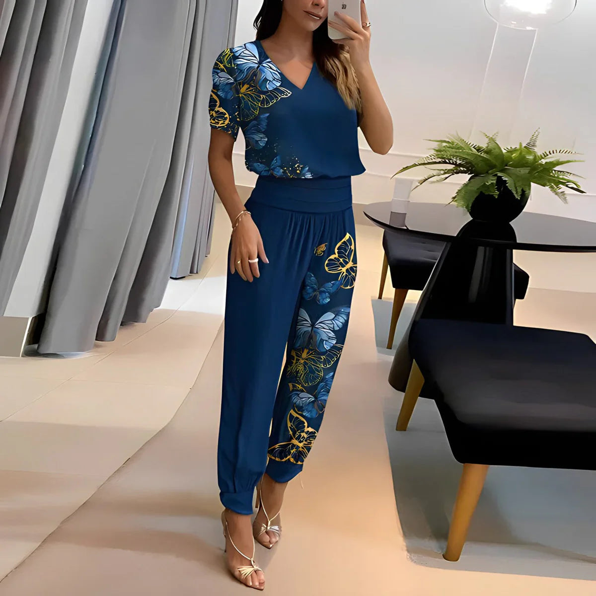 Atara - Soft V-neck Top and High-waisted Trousers Set