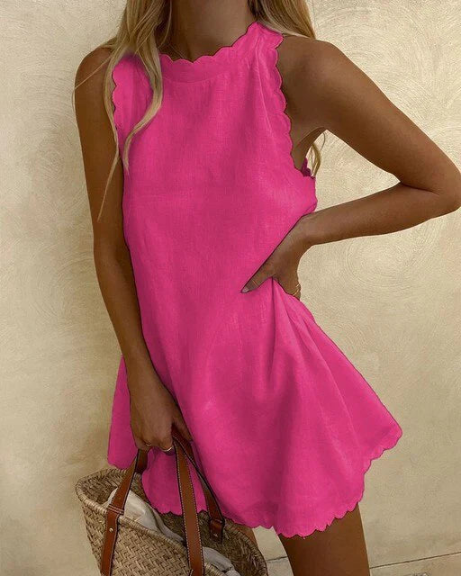 Indira – Sleeveless Linen Mini Dress with Scalloped Hem