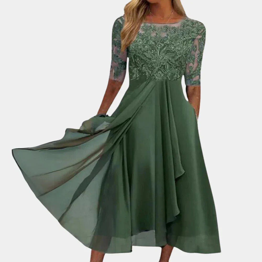 Naida – Elegant Midi Dress Made of Lace and Chiffon