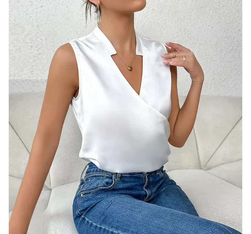 Sorilda – Elegant Satin Wrap Blouse with V-neck