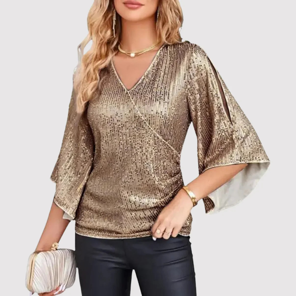 Oryza – Elegant Sequin Blouse with Flutter Sleeves