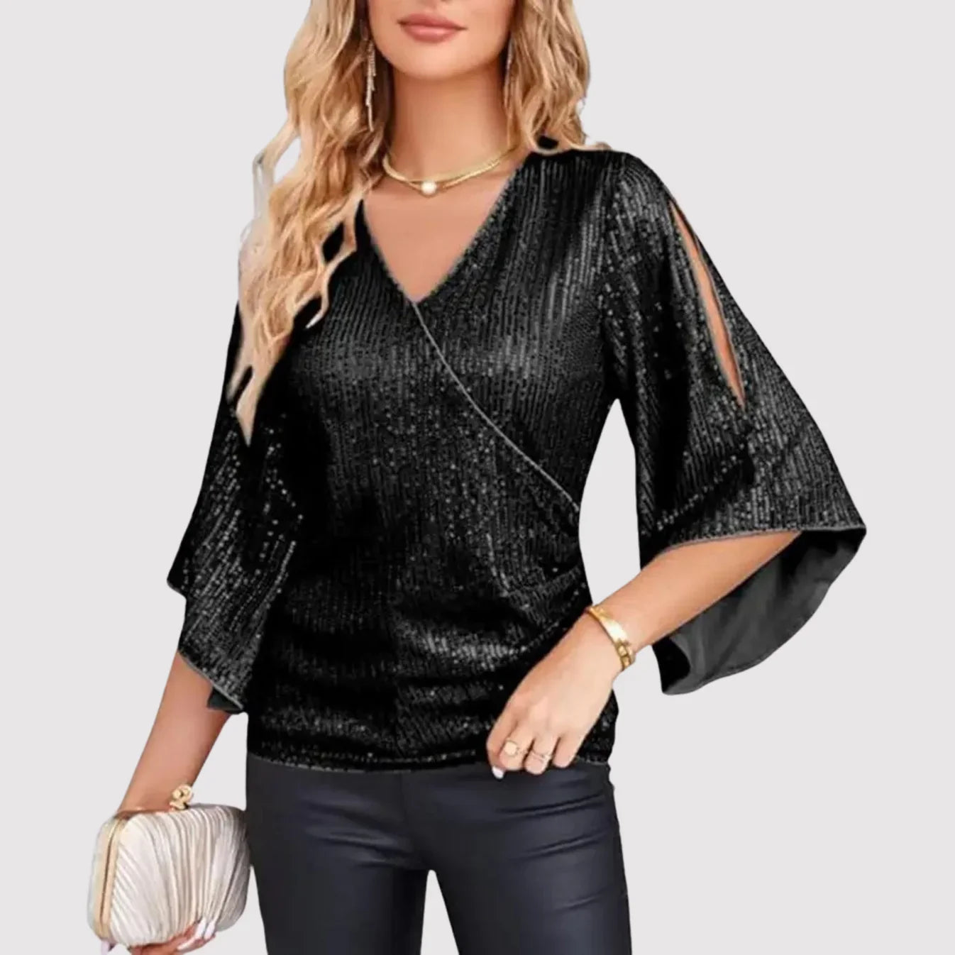 Oryza – Elegant Sequin Blouse with Flutter Sleeves
