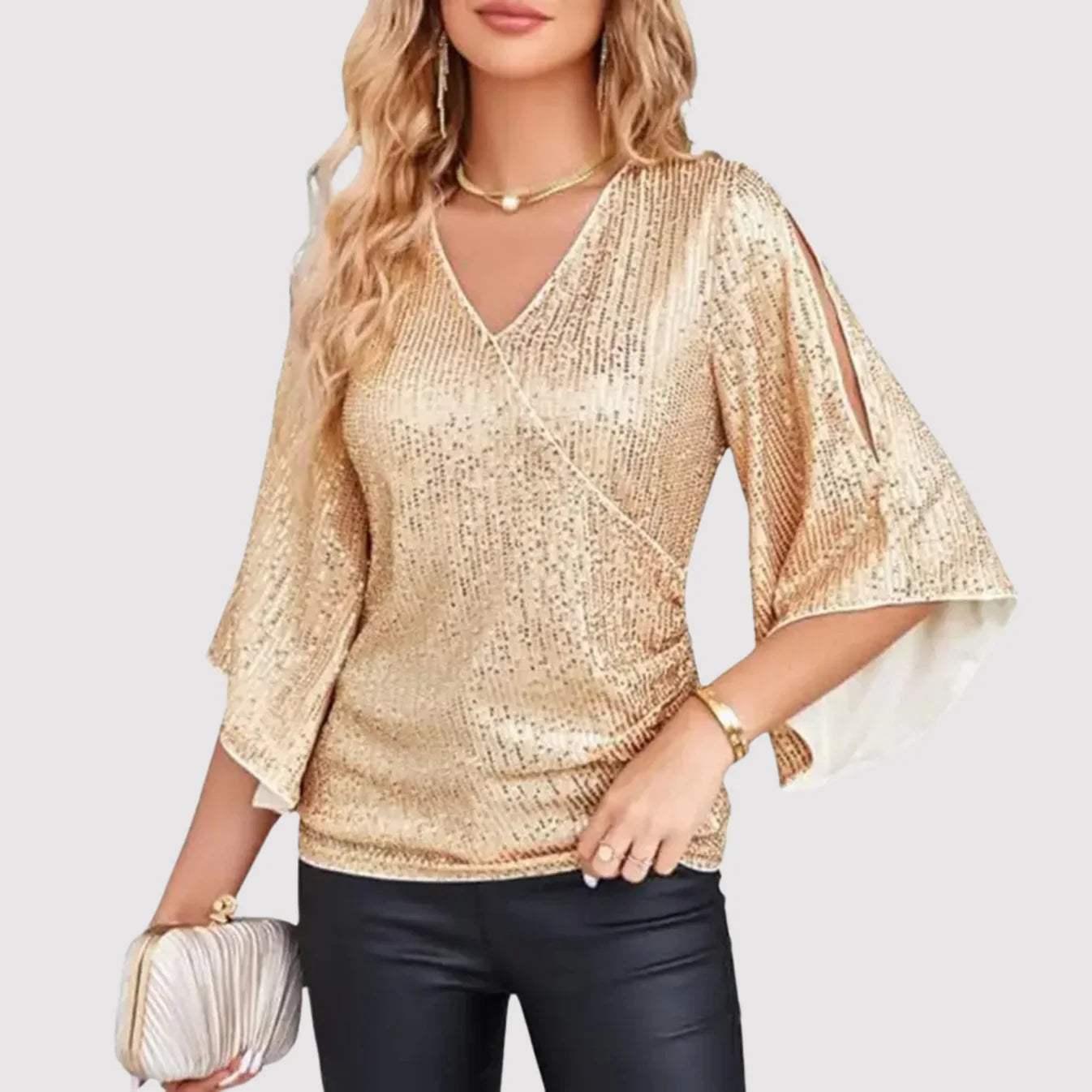 Oryza – Elegant Sequin Blouse with Flutter Sleeves
