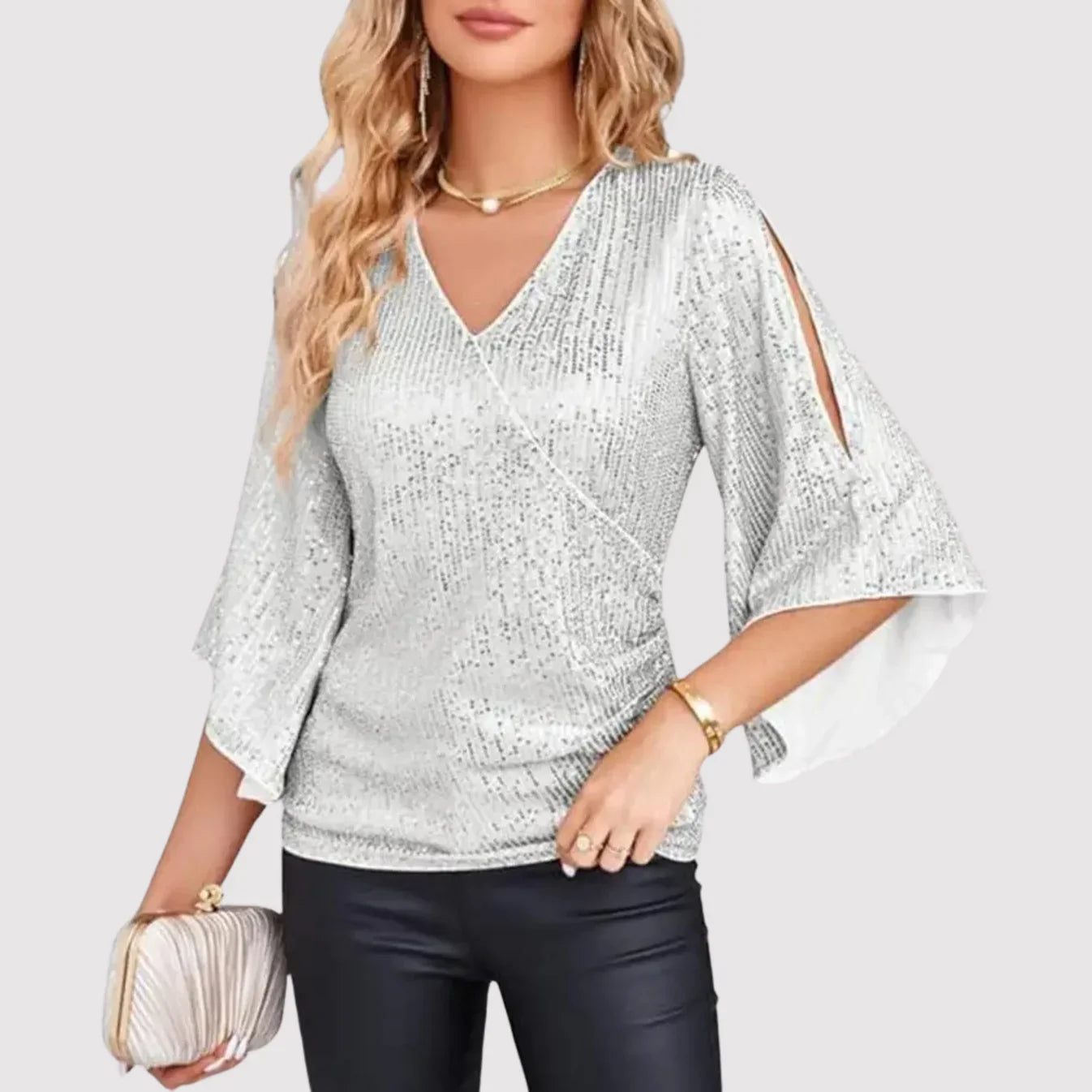 Oryza – Elegant Sequin Blouse with Flutter Sleeves