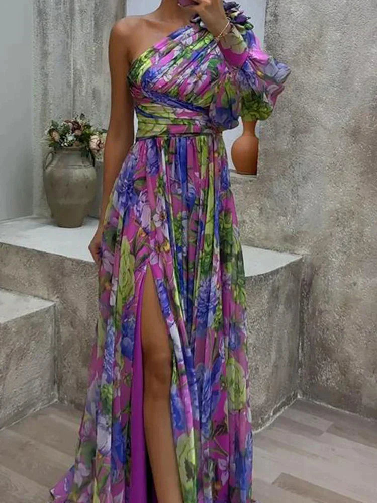 Lilac - Purple Printed Side Slit One Sleeve Sexy Maxi Dress