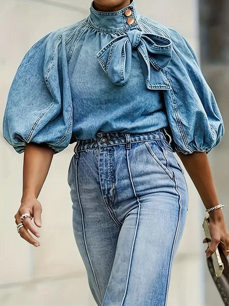 Anthea – Elegant High-Necked Denim Top