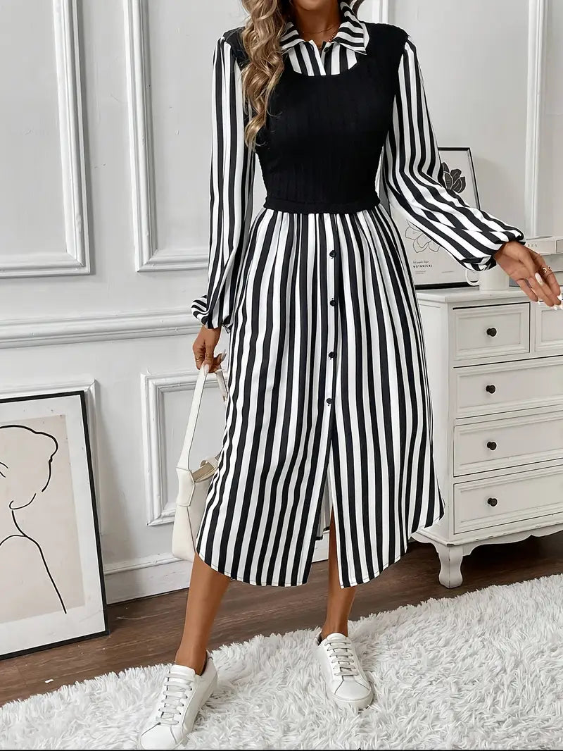 Elvien – Elegant Striped Midi Dress
