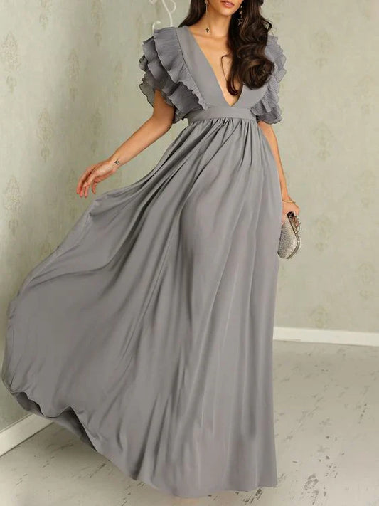 Elysia - Deep V-Neck Ruffle Sleeve Maxi Dress