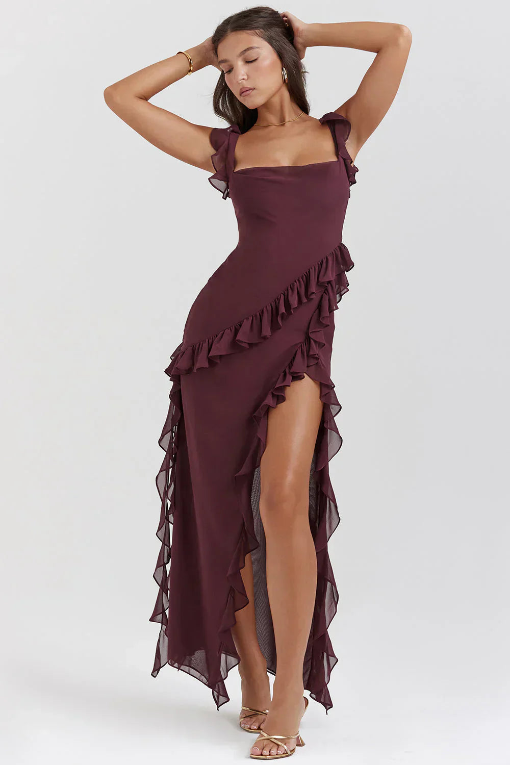 Tezari – Elegant Ruffle Trim Maxi Dress