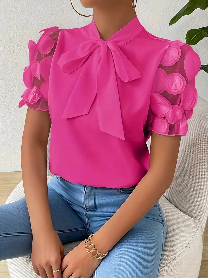 Iscaria – Elegant Bow Tie and Mesh Sleeves Blouse