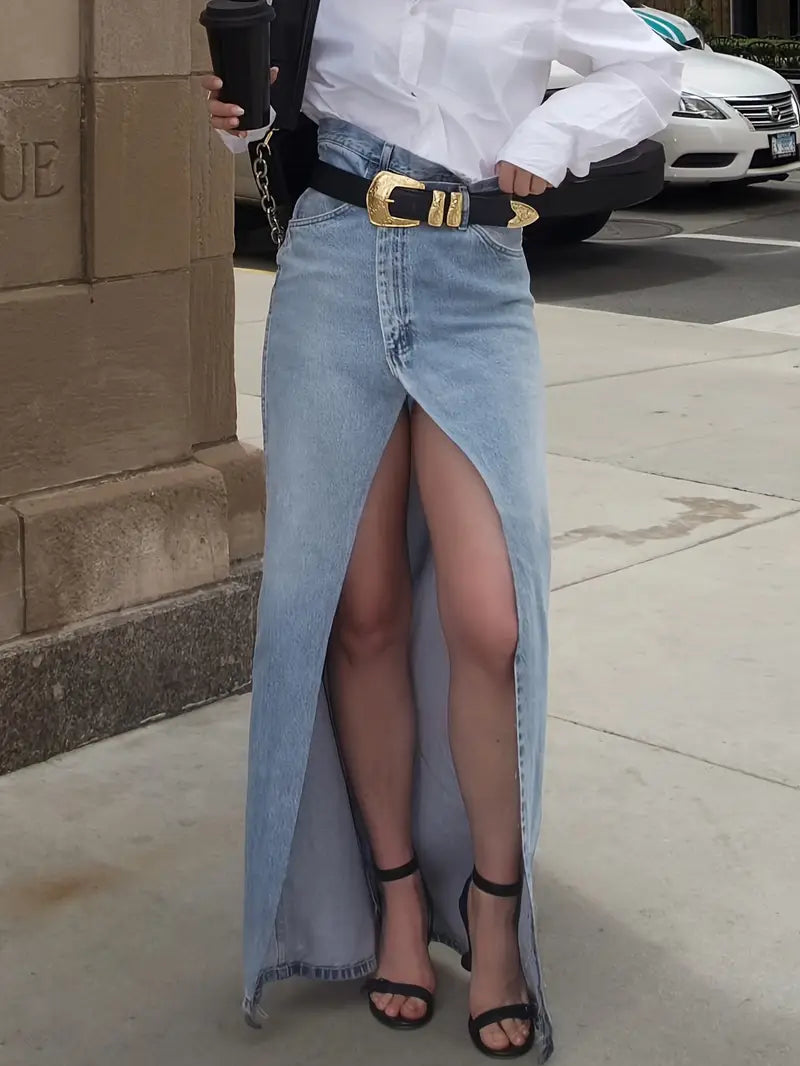 Caylie – Stylish High Slit Denim Skirt