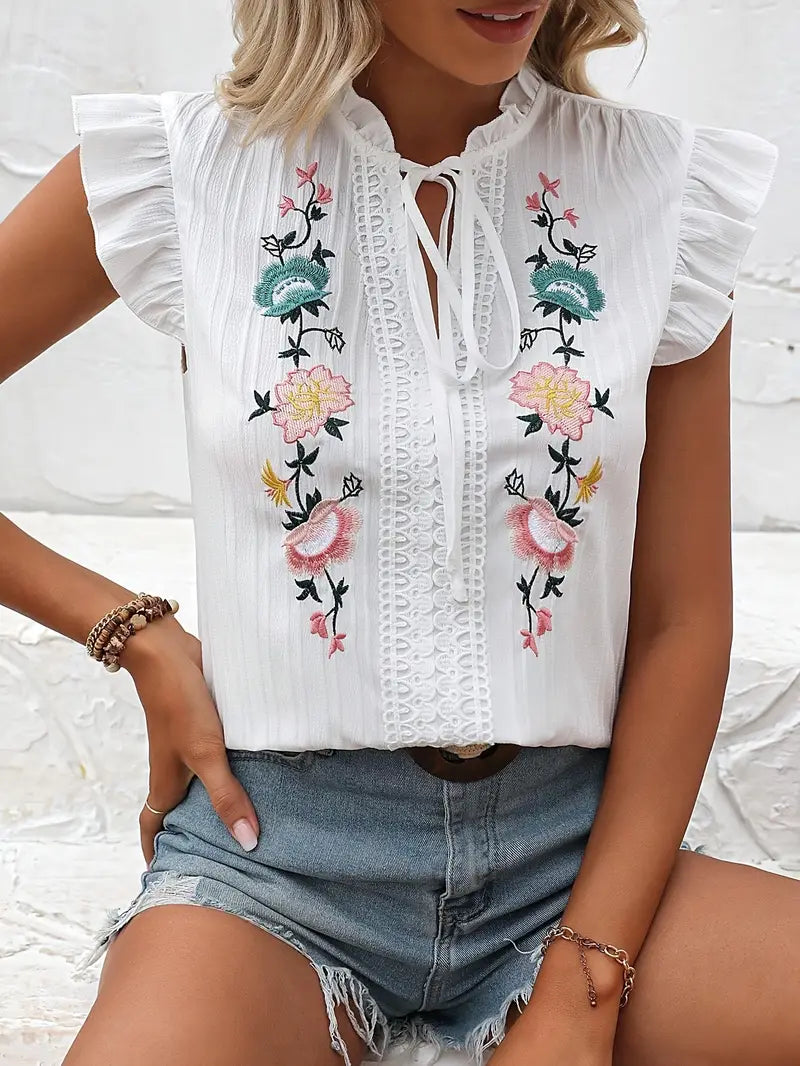 Elysia - Vintage Embroidered Ruffle Sleeves Blouse