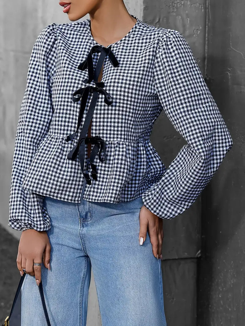 Liora - Vintage Checkered Long Sleeve Blouse