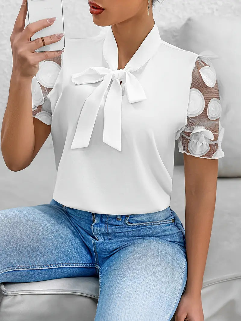 Iscaria – Elegant Bow Tie and Mesh Sleeves Blouse