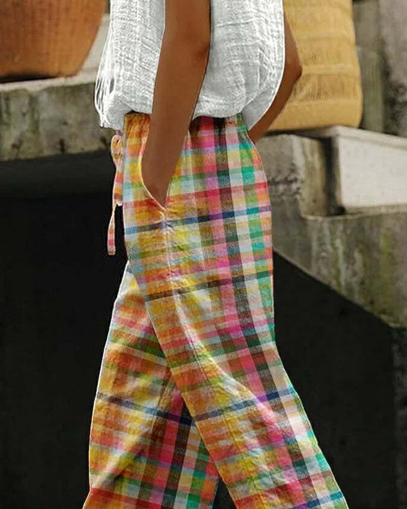 Gerlyn – Women’s Colorful Checked Linen Drawstring Trousers