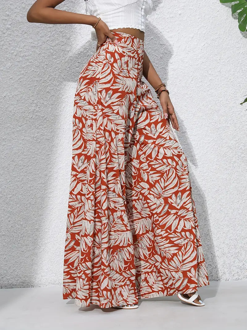 Louvelle – Stylish Tropical Print Wide-leg Trousers