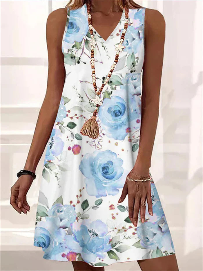 Elara – Classic V-neck Floral Dress