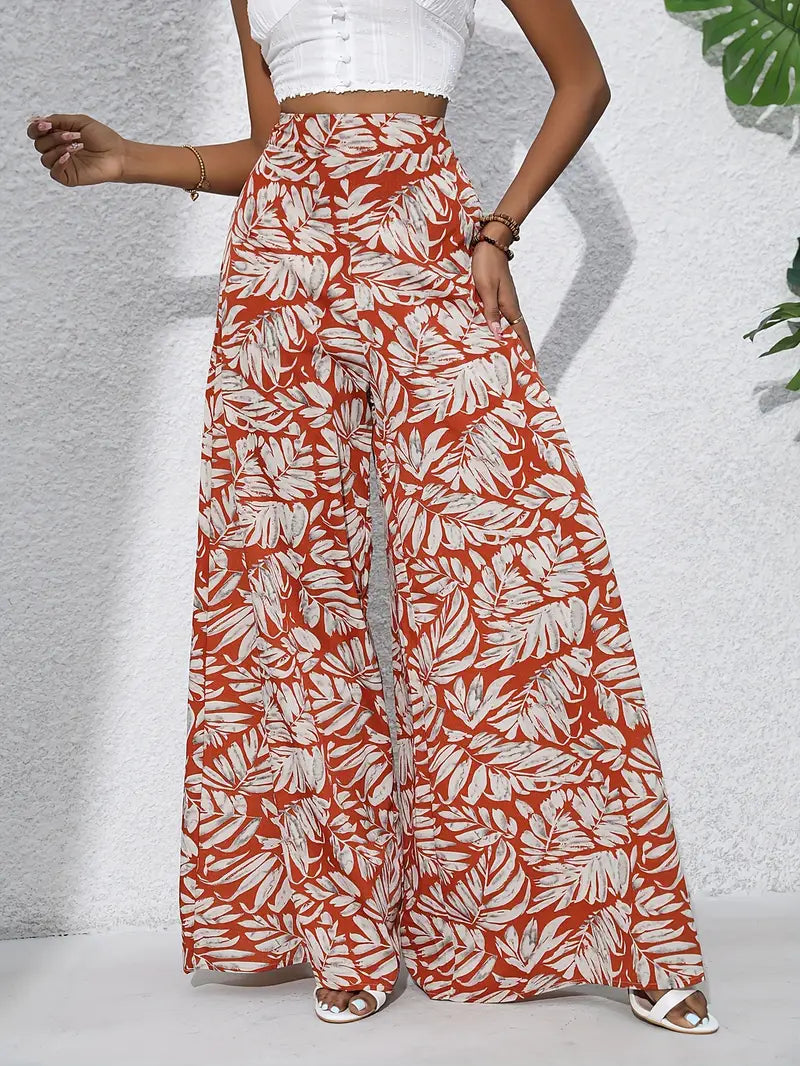 Louvelle – Stylish Tropical Print Wide-leg Trousers