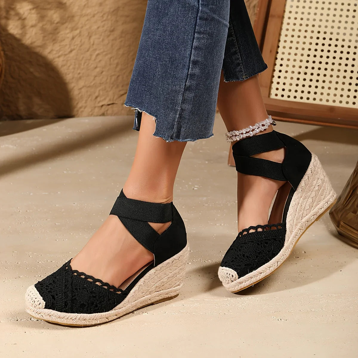 Nessa – Elegant Crochet Lace Wedge Sandals