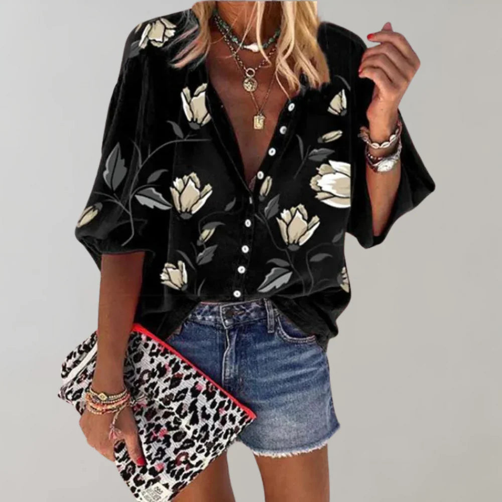 Arisaya – Floral Lantern Sleeve Button Front Blouse