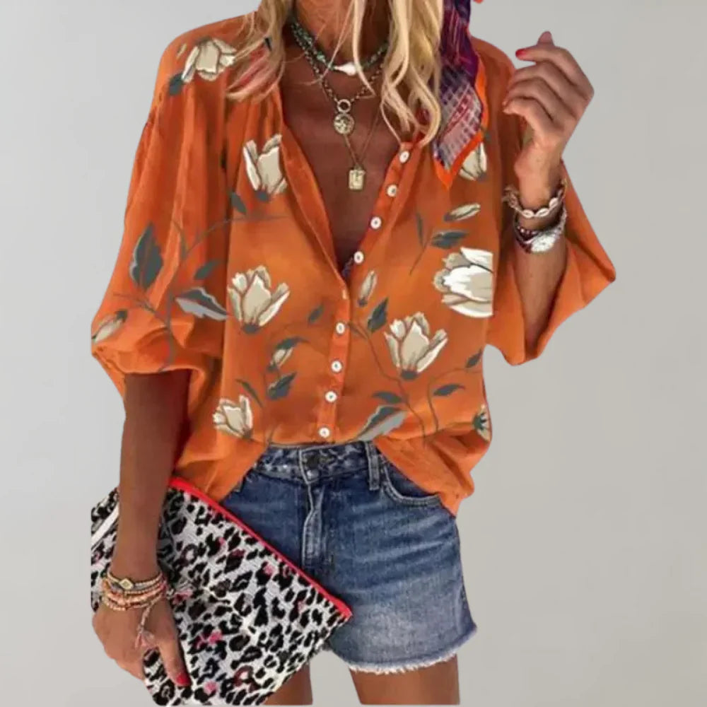 Arisaya – Floral Lantern Sleeve Button Front Blouse