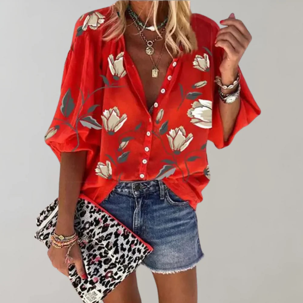 Arisaya – Floral Lantern Sleeve Button Front Blouse