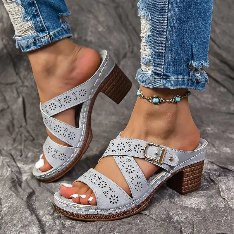 Solienne – Stylish Cut-out Block Heel Slip-on Sandals