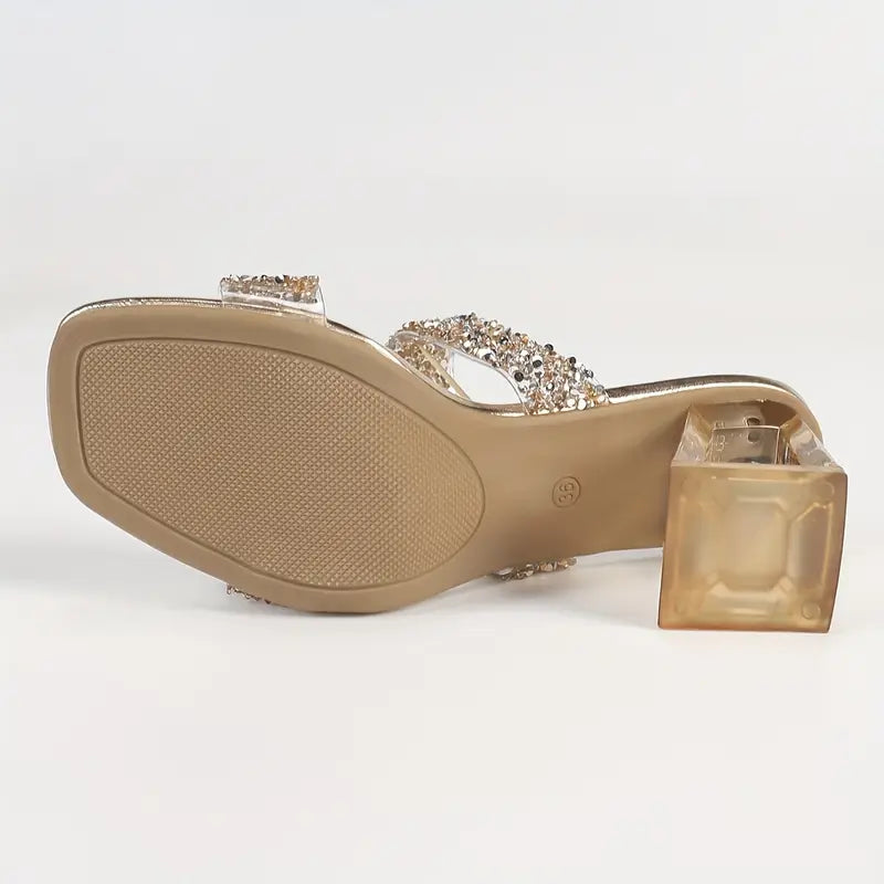 Melisette – Transparent Block Heel Glitter Strap Sandals