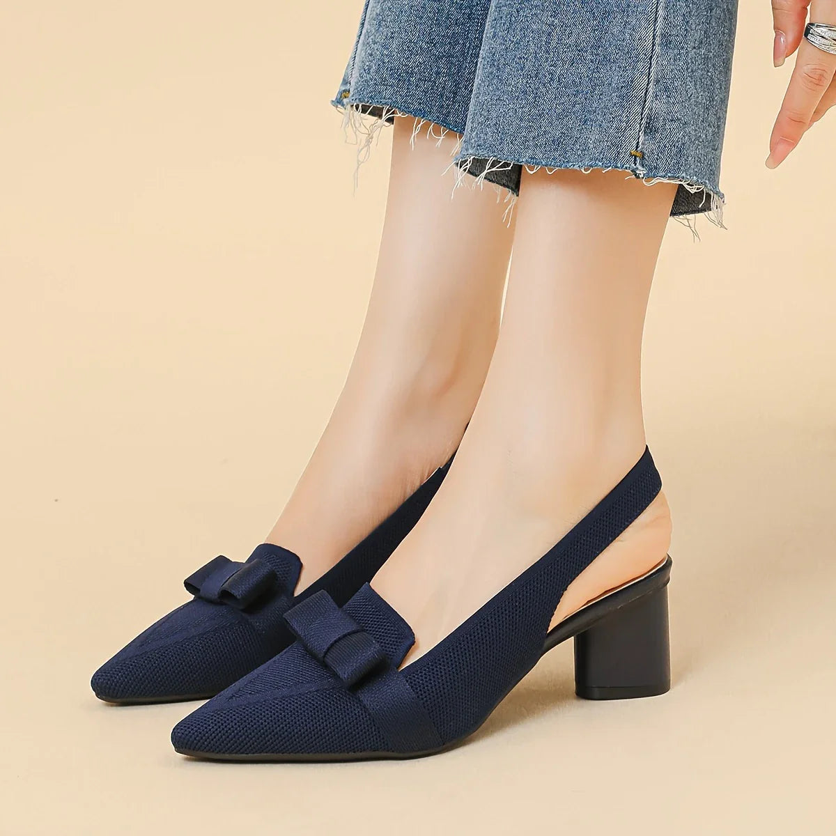 Caelina – Pointed Toe and Bow Slingback Block Heels