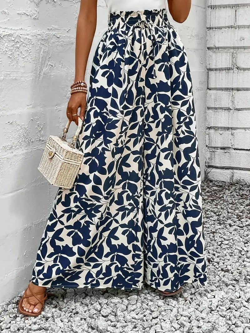 Ivy – Navy Wide Leg trousers with Leaf Print