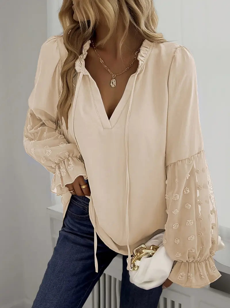 Nemirra – Stylish Semi Sheer Blouse with Ruffle Trim