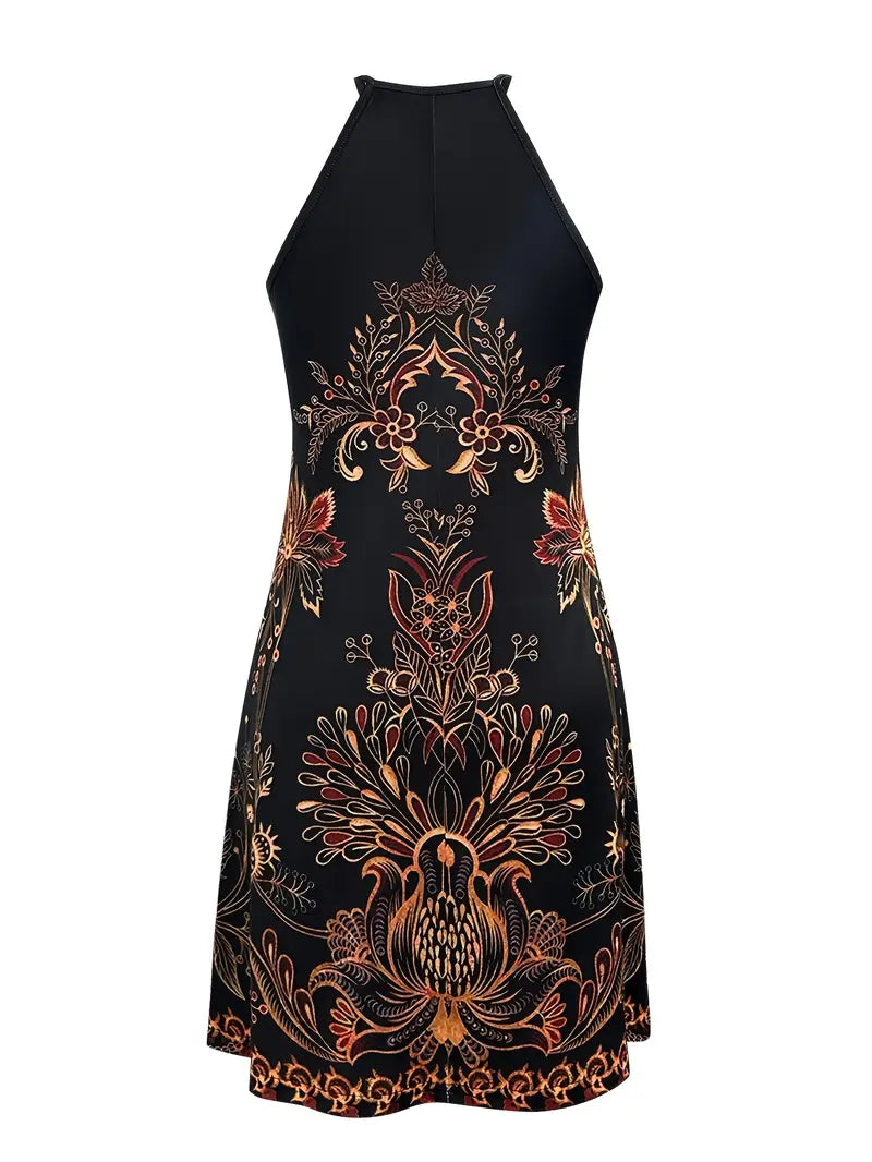 Morticia – Boho Print Halter Neck Dress