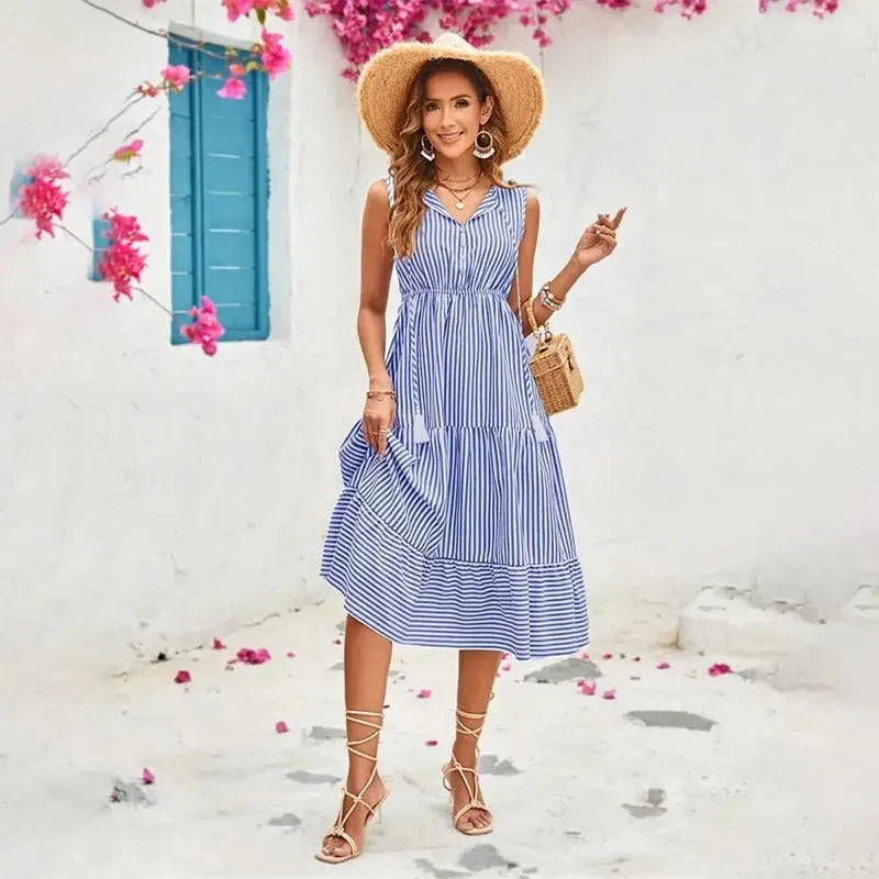 Nythera – Elegant Cotton Sleeveless Striped Dress
