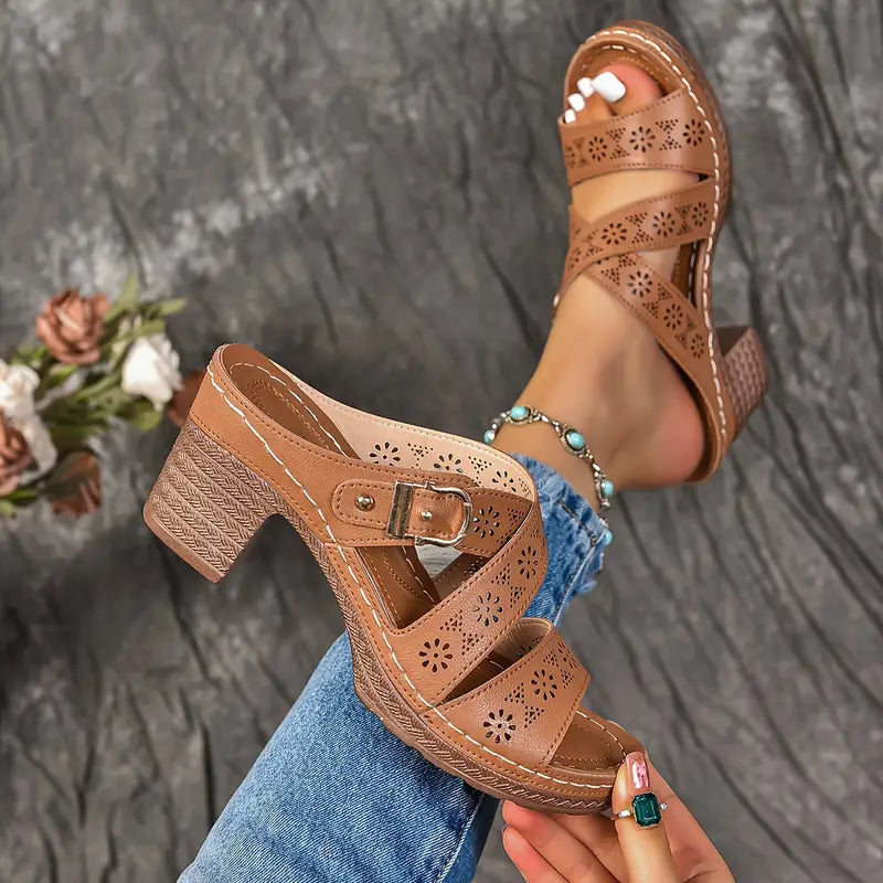 Solienne – Stylish Cut-out Block Heel Slip-on Sandals