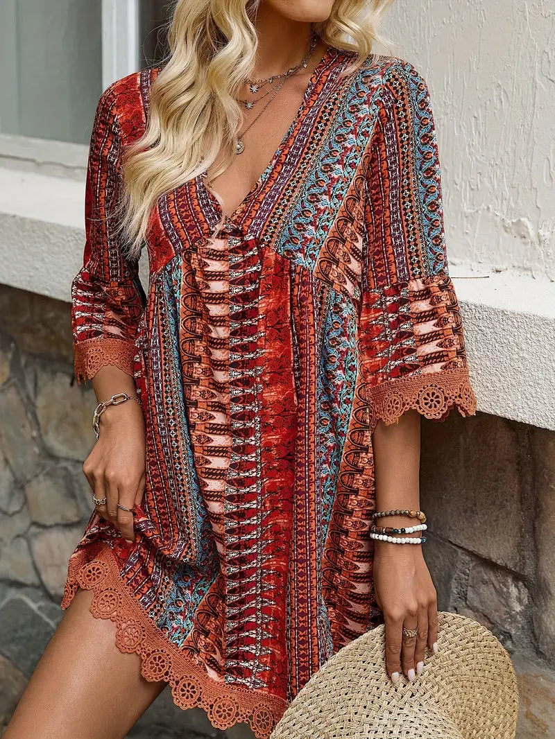 Mindy – Stylish V-neck Boho Print Mini Dress
