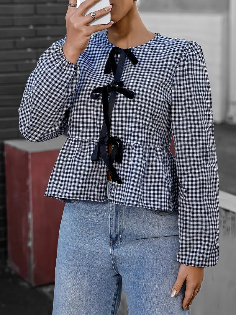 Liora - Vintage Checkered Long Sleeve Blouse