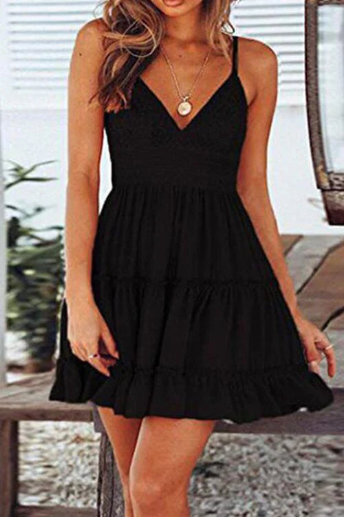 Reema - V-neck Lace and Ruffle Mini Dress