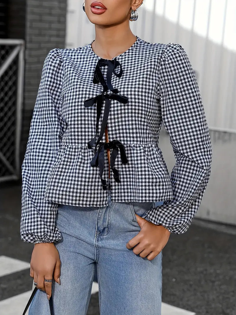 Liora - Vintage Checkered Long Sleeve Blouse