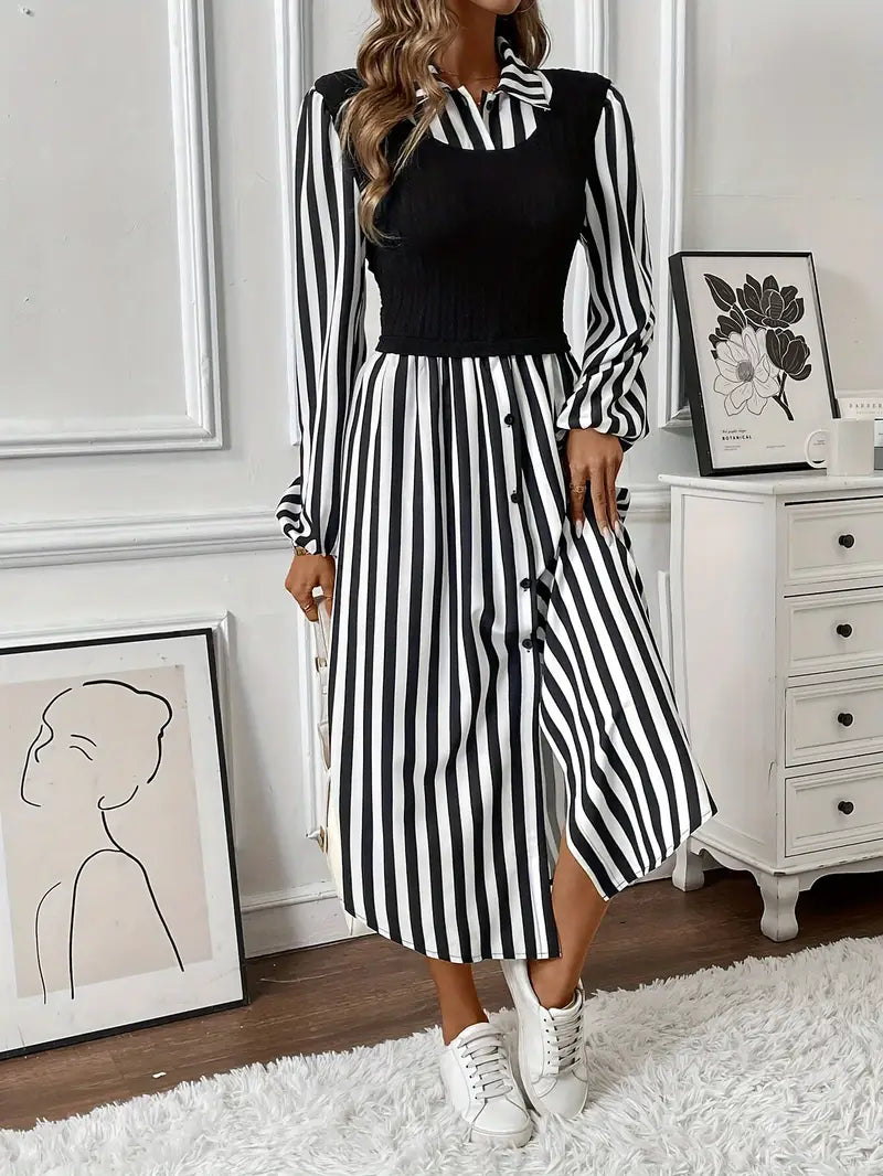 Elvien – Elegant Striped Midi Dress