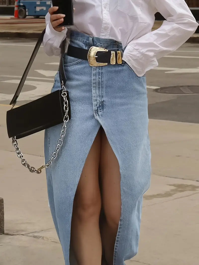 Caylie – Stylish High Slit Denim Skirt
