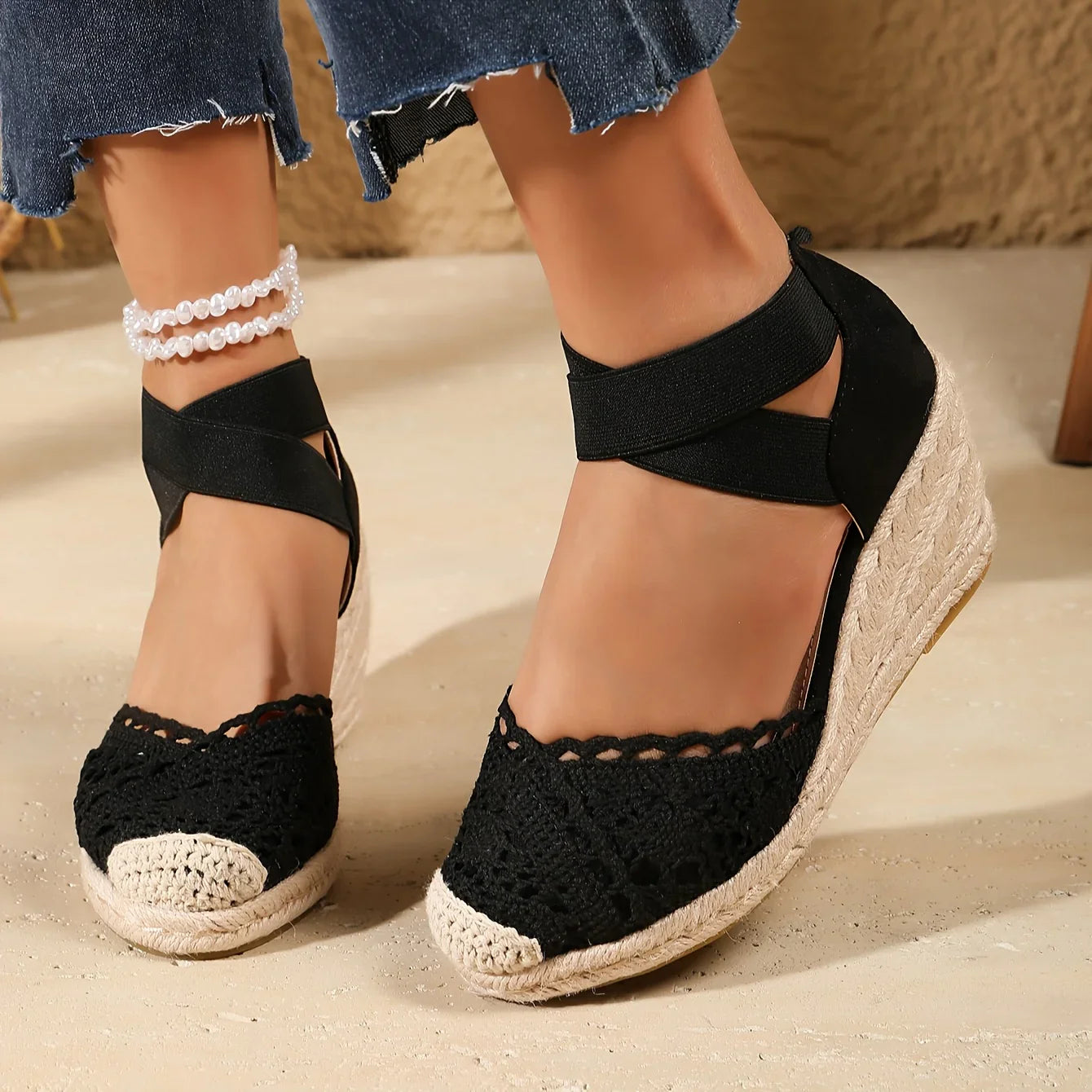 Nessa – Elegant Crochet Lace Wedge Sandals