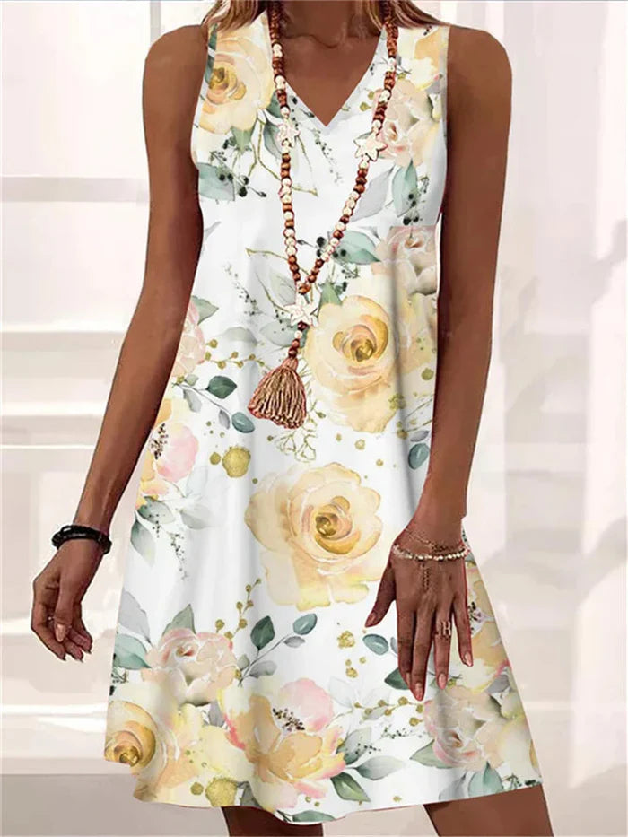 Elara – Classic V-neck Floral Dress
