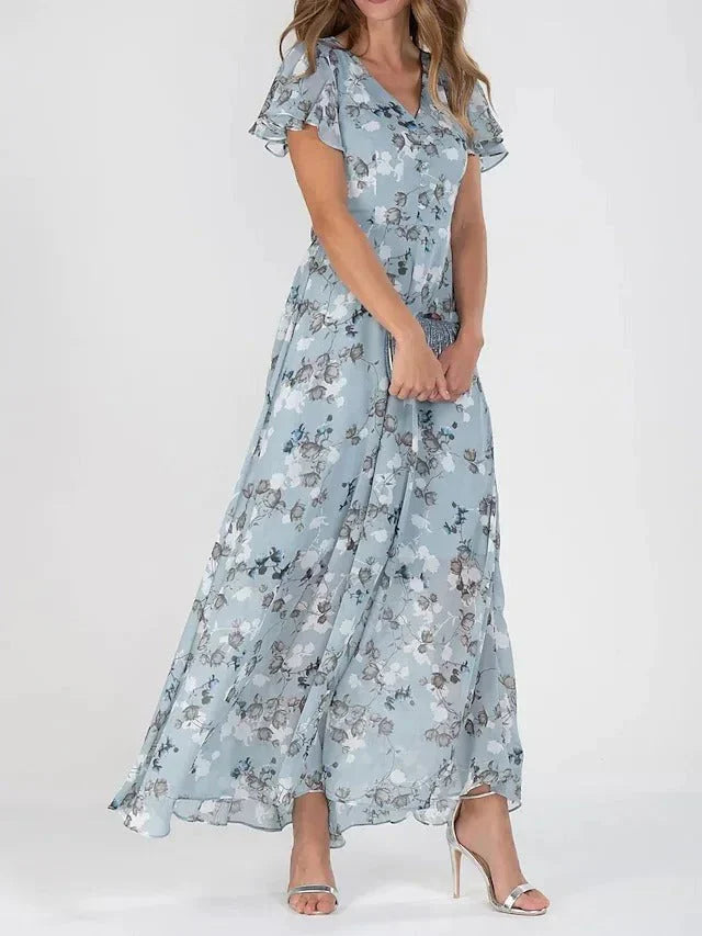 Junmie – Elegant Chiffon Floral Maxi Dress