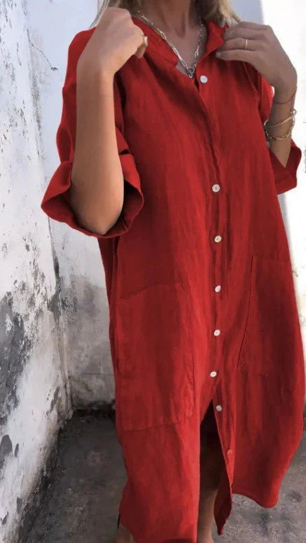 Tezra – Elegant Button Down Linen Shirt Dress