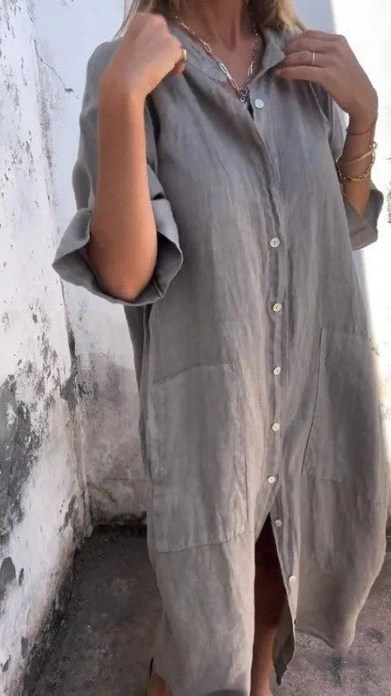 Tezra – Elegant Button Down Linen Shirt Dress